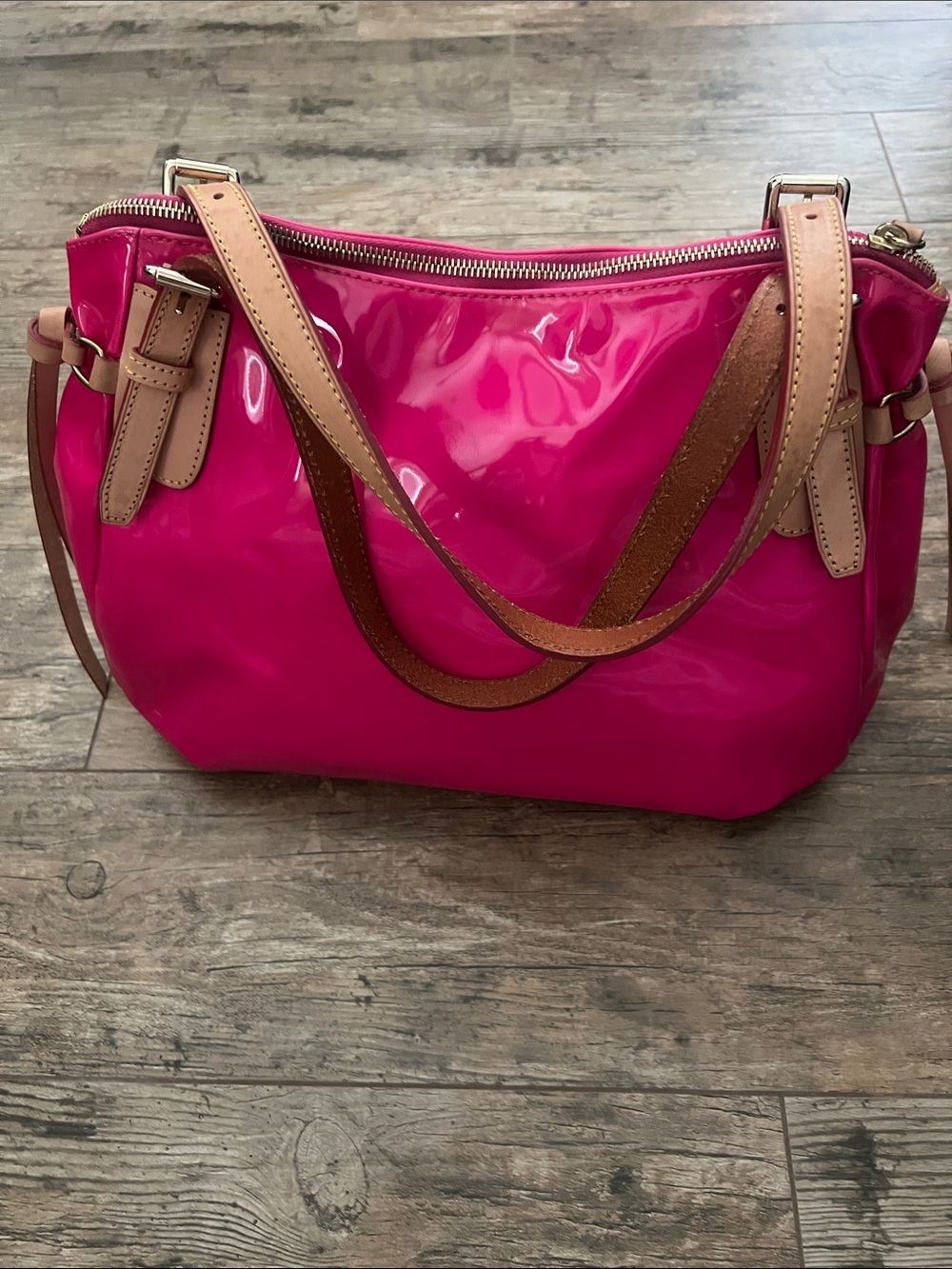 Dooney & Bourke Pink Patent Leather Tote with Tan Handles - Picture 2 of 6